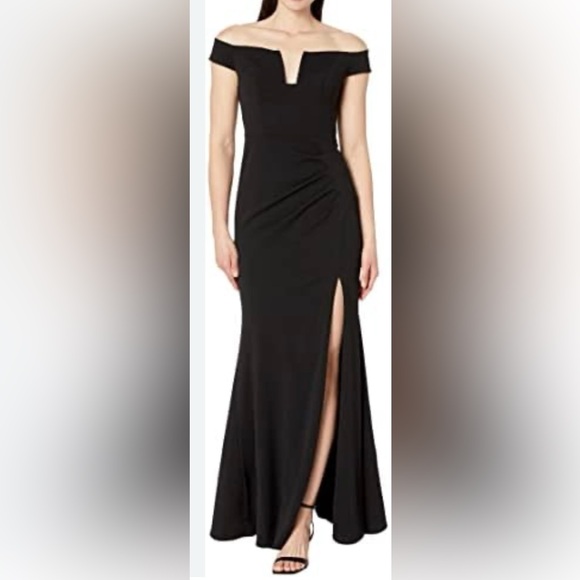Xscape Long Off-The-Shoulder Scuba Black Crepe U-Front NWT - Picture 1 of 9